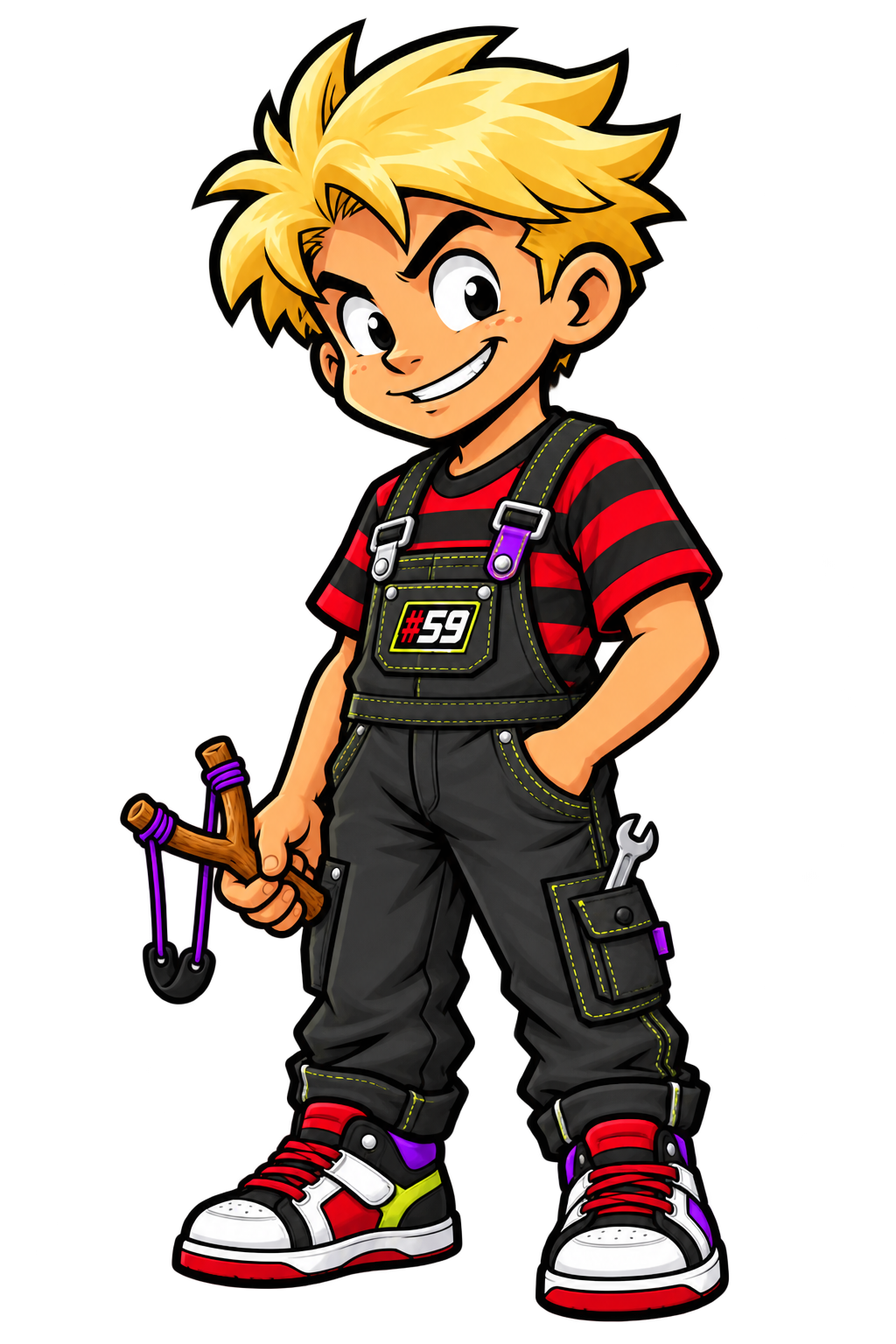 Team Menace mascot in overalls and a red and black striped shirt
